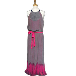 Y2K Vince Camuto Sleeveless Pink Navy White Maxi Dress with Pink Sash - Size 12